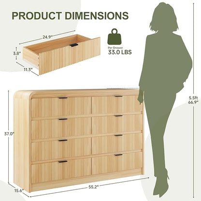 FURSUN Fluted 8 Drawers Dresser for Bedroom, 55" Wide Wooden Dresser with Metal Handle, Curved Profile Design, Modern Storage Organizer for Bedroom, Living Room, Hallway, Natural Oak