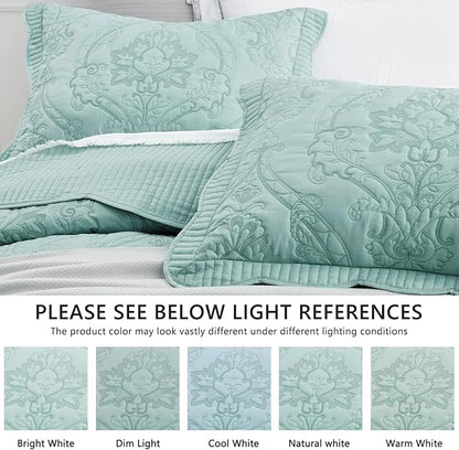 CHIXIN Oversized King Bedspread 128x120 Extra Wide - Lightweight Bedding Cover - Beautiful Stitching - 5 Piece Reversible Bedspread - Gorgeous Damask Paisley Pattern (King/Cal King, Seaglass)