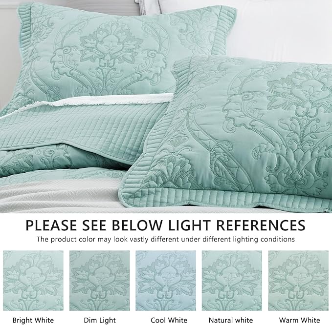 CHIXIN Oversized Bedspread Coverlet Set King Size - Lightweight Bedding Cover - Beautiful Stitching - 5 Piece Reversible Bedspread - Gorgeous Damask Paisley Pattern (King, Seaglass)
