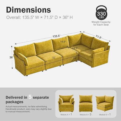 ABCASA 135.5" Oversized Modular Sectional Sofa, L Shaped Convertible Couch with Movable Ottoman, 5 Seat Corner Couches for Living Room Deep Seat Yellow Chenille