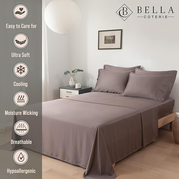 Bella Coterie 6 Piece Luxury Bamboo Viscose King Size Sheet Set | 100% Organically Grown | Cooling for Hot Sleepers | 18" Deep Pocket | Soft & Hypoallergenic | 4 Pillowcases [Mocha]