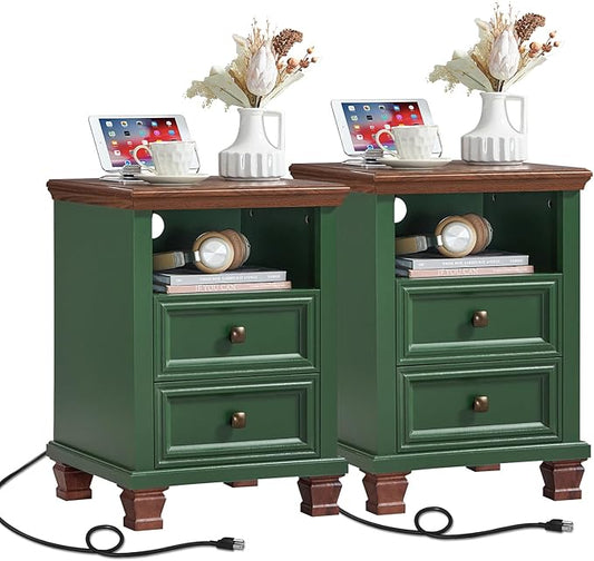 SAVOR LIFE Farmhouse Nightstand Set of 2 with Charging Station, Rustic Green Nightstand,2 Drawers End Table for Living Room,Bedside Table with Open Shelf for Bed Room,Green