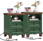 SAVOR LIFE Farmhouse Nightstand Set of 2 with Charging Station, Rustic Green Nightstand,2 Drawers End Table for Living Room,Bedside Table with Open Shelf for Bed Room,Green