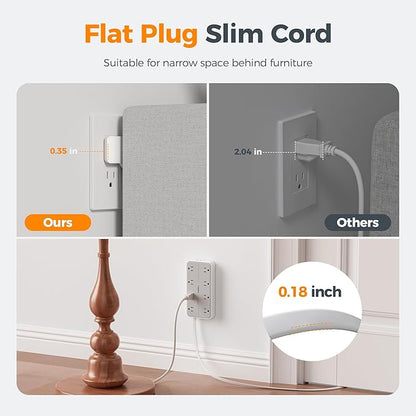 TESSAN Flat Plug Extension Cord 6 FT, Surge Protector Power Strip with 8 AC Outlets 3 USB (1 USB C), 1080 Joules, 1875W 15A, Multiple Wall Outlet Extender Station for Home Office School Dorm