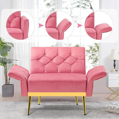Velvet Accent Chair w/Adjustable Armrests and Backrests, Tufted Single Sofa with Ottoman, Upholstered Reading Chiar for Living Room, Apartment, Bedroom, Pink