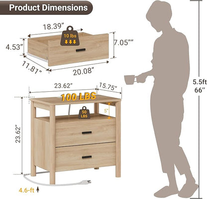 FavourLife Night Stand, 23" Wide Nightstand, Modern Large Nightstand with Charging Station, 2 Drawer Wooden End Table with Solid Round Post Legs & Open Shelf, Bedside Table for Bedroom, Natural Oak