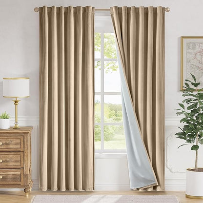 Lazzzy Cream Velvet Blackout Curtains 90 Inches Long Thermal Insulated Room Darkening Curtain Drapes Luxury Back Tab Window Treatments for Bedroom Living Room 2 Panels, 52 x 90 Inch, Latte