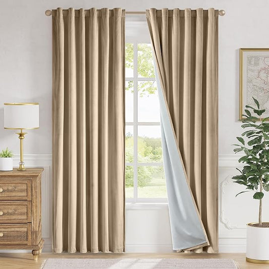 Lazzzy Cream Blackout Velvet Curtains 84 Inch Long Thermal Insulated Room Darkening Curtain Drapes Luxury Back Tab Window Treatments for Bedroom Living Room 2 Panels, 52 x 84 Inch, Latte