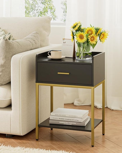 Masupu Nightstand,Bedside Table 3-Tier Modern Night Stand with Storage Drawer and Shelf,Small End Side Table for Bedroom,Living Room,Black (Without Outlet, Black)
