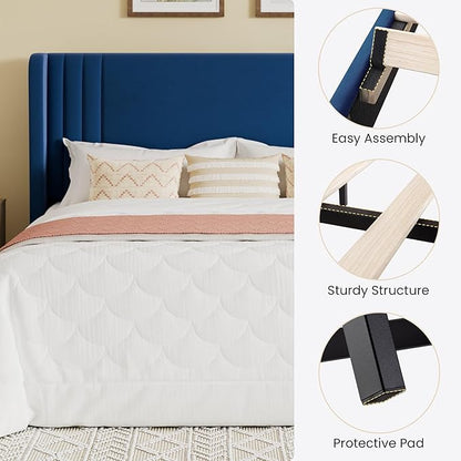 SHA CERLIN King Size Velvet Upholstered Platform Bed Frame with Vertical Channel Tufted Wingback Headboard, Wooden Slats Support, Easy Assembly, Under Bed Storage, No Box Spring Required, Blue