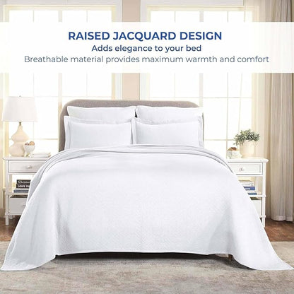 Superior 3 Piece Basketweave Cotton Bedspread Set, Home Bed Decor, Decorative Bed Spread, 2 Pillow Shams, Medium Weight Blanket, Matelasse Coverlet Bedding, Geometric Lattice Pattern, Queen, White
