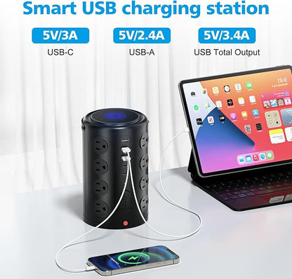 Tower Power Strip with 15W Wireless Charger, 20FT Extension Cord, 16 AC Outlets & 5 USB Ports (2 USB C) - Surge Protector for Office, Home, Dorm Room (Black)