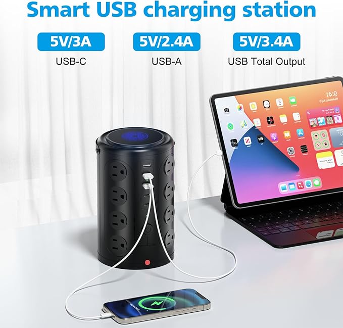 Tower Surge Protector Power Strip (16 AC Outlets + 5 USB Ports Including 2 Type-C), 5FT Extension Cord, 1800J Protector Charging Tower, Essential for Home/Office/Dorm