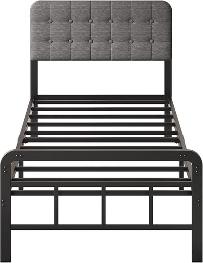 12 Inch Twin XL Bed Frames with Upholstered Headboard and Metal Footboard, No Box Spring Needed, Heavy Duty XL Twin Metal Mattress Foundation, Noise Free, Easy Assembly