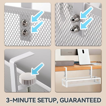 Cable Management, 15'' Under Desk Cable Management Tray No Drill, Metal Cable Organizer with Clamp for Wire Management, Cord Organizer for Home Office, Desk Accessories Organizer, White