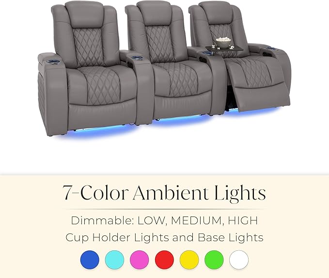Seatcraft Diamante Zero-Gravity CoolZero Italian Leather Home Theater Seating, Power Headrest, Power Recline, Row of 5, Gray