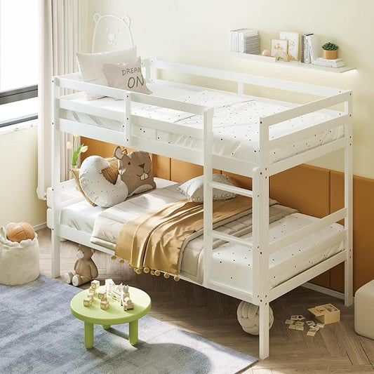 Giantex Bunk Bed Twin Over Twin White, Solid Wood Bunk Bed with Sturdy Ladder & 12 Inch Safety Guard Rails, Twin Size Wood Bed Frame for Dormitory, No Box Spring Needed, Bunk Beds for Kids Teens