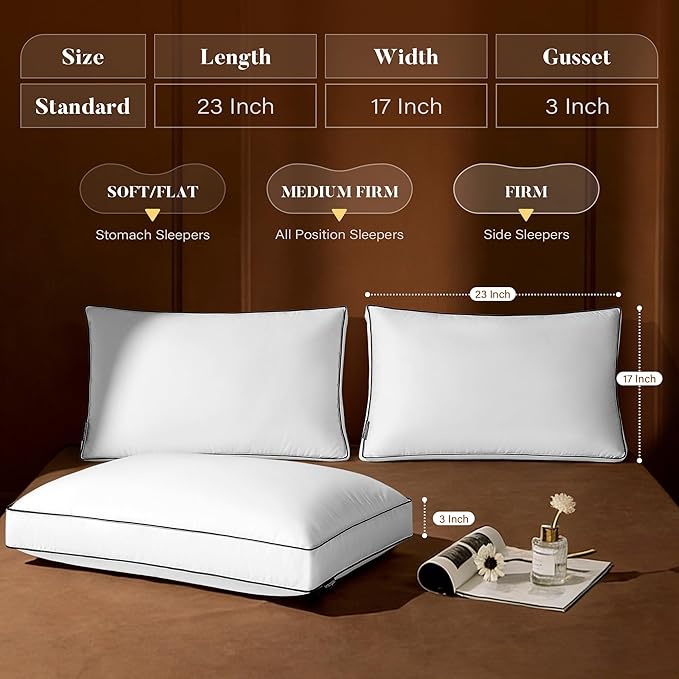 Firm Goose Feather Down Pillow Standard Size Set of 2, Down Surrounded Hotel Collection Bed Pillows for Sleeping with 3 Inch Gusset, 2 Pack, Fluffy Plush for Side Sleepers 20x26 in.