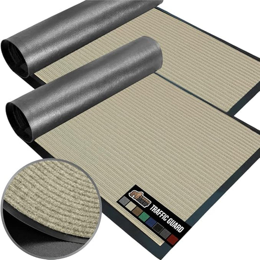GORILLA GRIP Waterproof Traffic Guard Door Mat, 2 Pack Heavy Duty Entryway Mats, Strong Rubber Back Commercial Utility Rugs for Office Hallway, Garage Floor and Home, Low Profile Carpet, 35x23, Beige