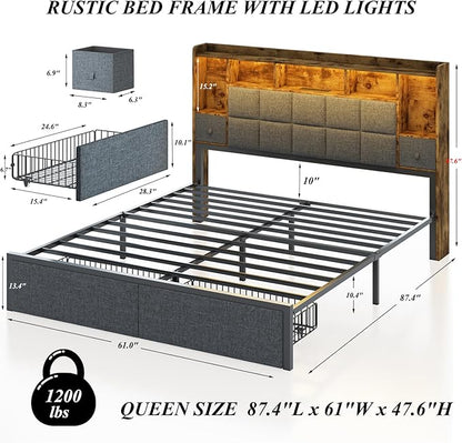 LED Bed Frame Queen Size with 2 Hidden Storage Drawers, Bookshelf Headboard, Upholstered Platform Metal Bed Frame with Charging Station, Metal Slats Support, Noise Free, No Box Spring Needed