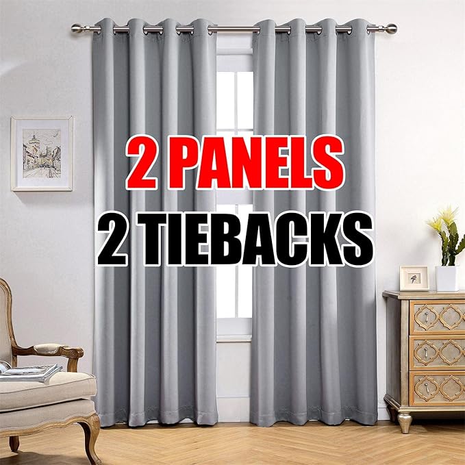 MIUCO 1 Pair Thermal Insulated Grommet 52-Inch-by-95-Inch Blackout Window Curtain Panels with 2 Tie Backs, Silver