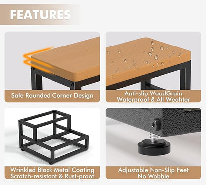Y&M Two Step Stool for Adults Kids, Waterproof HPDE Bed Step Foot Stool with Adjustable Non-Slip Feet, Metal Frame Stepping for Kitchen Bathroom Bedroom Living Room, Indoor or Outdoor Use, Brown
