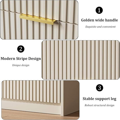 Set of 2 Fluted Nightstand with 2 Drawers, Modern Storage Bedside Table with Golden Metal Handles, Wooden End Table for Bedroom, Beige