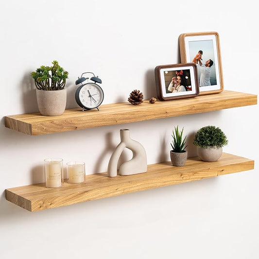 fuqing Floating Shelves for Wall, 36 inch Rustic Solid Elm Wood Floating Shelves, Wooden Wall Shelves with Invisible Heavy Duty Brackets for Living Room, Bedroom, Kitchen, Bathroom, 2 Pack, Natural
