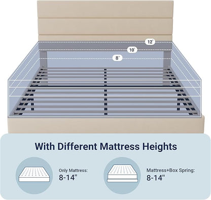 Allewie Queen Size Platform Bed Frame with Velvet Upholstered Headboard and Wooden Slats Support, Fully Upholstered Mattress Foundation/No Box Spring Needed/Easy Assembly, Cream