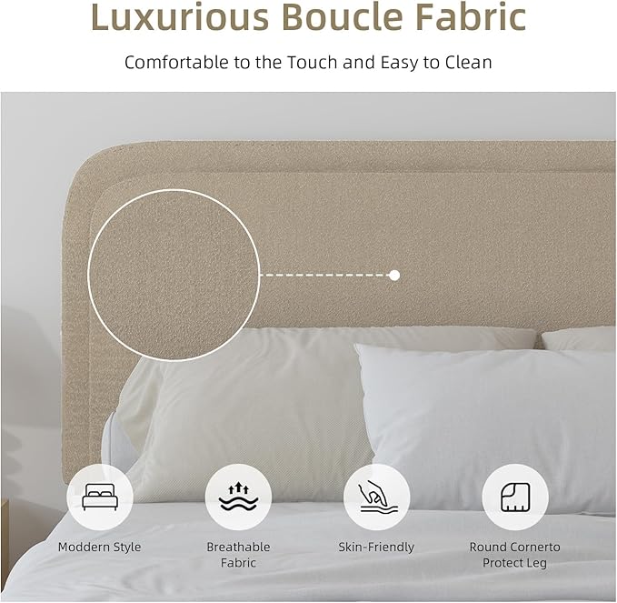 BarnFurin Queen Bed Frame with Headboard, Boucle Upholstered Platform Bed Frame, Luxurious Soft Rounded Corners, No Box Spring Required, Easy Assembly, Beige