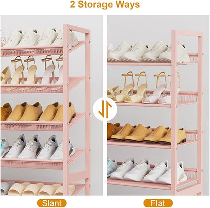 Large Shoe Rack 8 Tier Shoe Organizer, Heavy Duty Metal 4-Tier Stackable Shoe Storage Vertical Shoe Rack for Closet Front Door Entrance, Up to 50 Pairs, 44.8" W x 11.4" D x 56.7" H, Pink