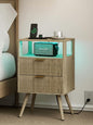 Nightstand with Charging Station and LED Lights, Modern Bedside Table with 2 Storage Drawer and Open Wood Shelf for Bedroom and Small Spaces, Night Stand with Solid Wood Legs