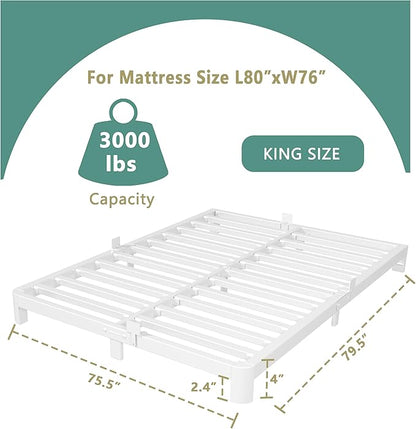 ITIMIDI 4 Inch White King Size Bed Frame, Metal Platform Bed Frames with Metal Gaskets, Heavy Duty Steel Support 3000 LBS, No Box Spring Needed, Anti-Slip Mattress Stopper, Easy Assembly