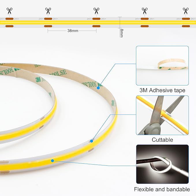White COB LED Strip Lights 32.8ft, 6500K Dimmable Ultra Bright Daylight White 24V LED Light, 3200 LEDs Flexible CRI 93+ COB Light strips for room, Mirror, Kitchen, Bedroom（Remote control not included）