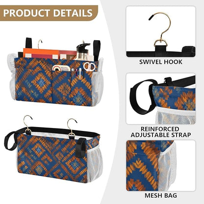 Bedside Caddy Hanging Bunk Bed Caddy Bed Organizer Hanging Pocket with 2 Hooks Bedside Storage Organizer Pocket Bag Holder Blue Orange Diamond Tie-dye
