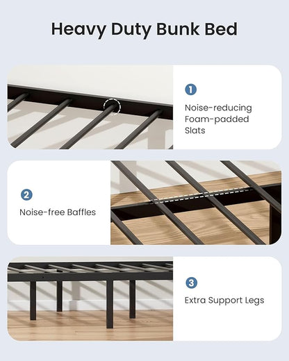 Queen Over Queen Bunk Bed for Adults & Teens, Heavy Duty Metal Bunk Bed with EVA Anti-Slip Ladder & Full-Length Guardrails, Noise-Free Queen Bunk Bed Frame with Under-Bed Storage, Black