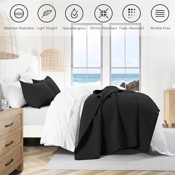 HORIMOTE HOME Quilt Set Queen Size, Black Bedspread with Clouds Pattern, Soft Coverlet Set Lightweight Microfiber Quilted Bedspread for All Season, Includes 1 Quilt and 2 Pillow Shams