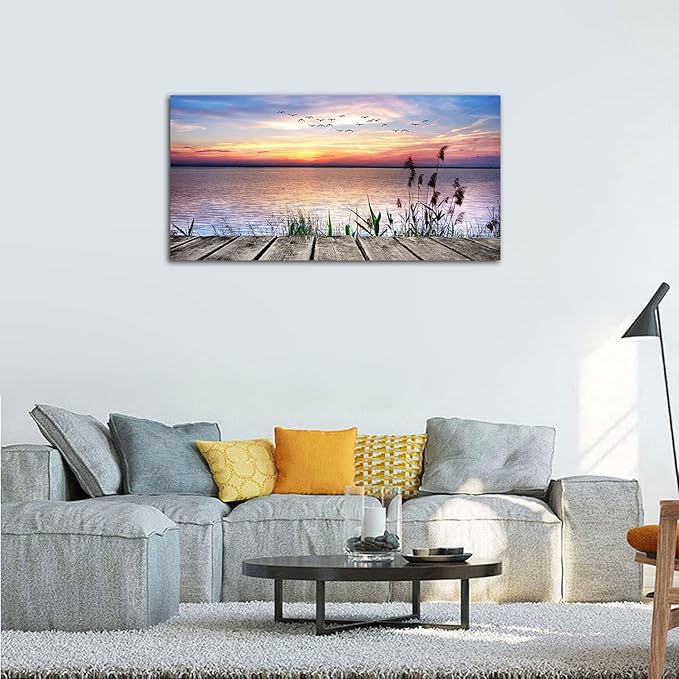 Yearainn Sunset Lake Wall Art - Nature Landscape Canvas Pictures, Wooden Dock Reed Grass Painting Print Flying Birds Artwork for Living Room, Bedroom, Home Office Wall Decoration 29" x 58"