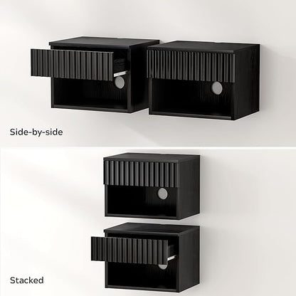 Fluted Floating Nightstand Set of 2 with Drawer, Modern Night Stand with Fluted Door and Open Storage Shelf Wall Mounted Bedside Table for Bedroom, Entryway Black