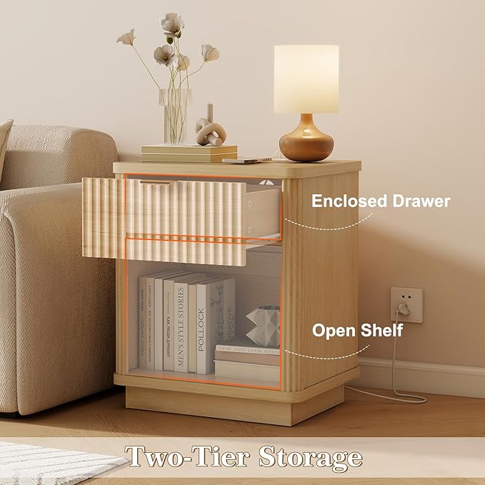 LYNCOHOME Fluted Nightstand with Charging Station, Bedside Table for Bedroom with 1 Drawer Storage, Night Stand for Bedroom，Natural