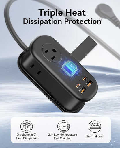 ORICO 65W GaN Travel Power Strip with 7-in-1 Charging Ports (3 AC Outlets/2 USB-A/2 USB-C), Flat Plug and 4FT Extension Cord, Fast Charger for MacBook Pro/Air, iPad Pro, iPhone 17/16/15 -AP3