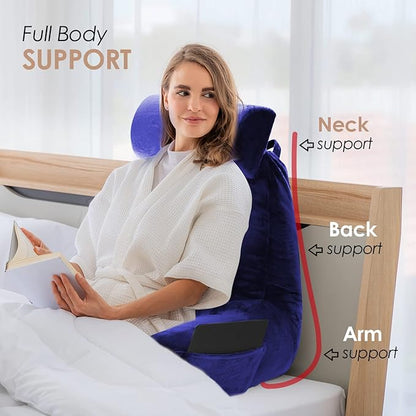 Nestl Reading Pillow with Shredded Memory Foam Includes 2 Neck and Lumber Support Pillows, Designed for Sitting Up in Bed and Couch, Back and Arms Adjustable Support for Adult & Teens, Royal Blue