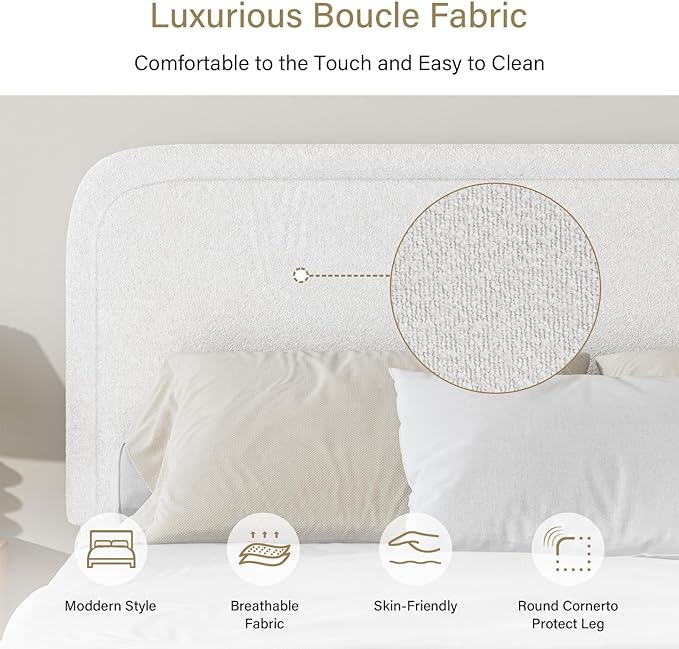 BarnFurin Boucle Upholstered California King Bed Frame/Soft Rounded Corners Headboard/Low Profile Bed Frame/No Box Spring Needed/White