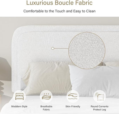 BarnFurin Boucle Upholstered California King Bed Frame/Soft Rounded Corners Headboard/Low Profile Bed Frame/No Box Spring Needed/White