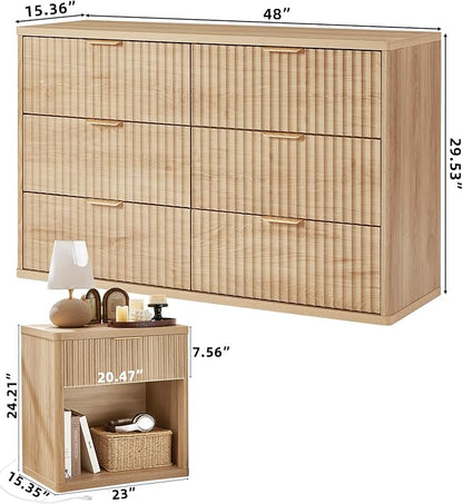 LEYAOYAO 48" Wide Fluted Dresser and 1 Drawers 23" Nightstand Set of 2, Wooden Dresser & Night Stand with Charging Station, 3 Piece Bedroom Furniture Set, Chest of Drawer for Living Room,Natural Wood