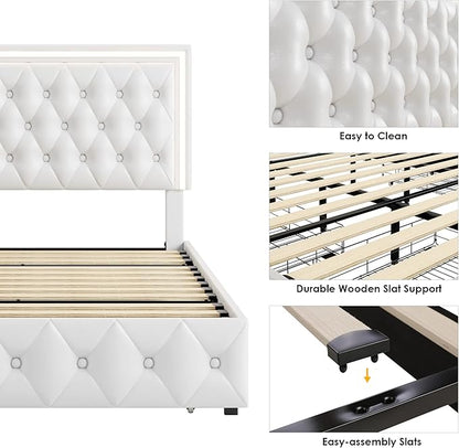 Keyluv King Upholstered LED Bed Frame with 4 Drawers, Pu Leather Platform Storage Bed with Adjustable Button Tufted Headboard and Solid Wooden Slats Support, No Box Spring Needed, White