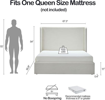 Queen Size Upholstered Bed Frame, Harper 54" Tall Headboard Platform Beds, Wingback Headboard Bedframes/No Box Spring Needed/Easy Assembly/Elegant Simplicit, Textured Ivory Canvas Chenille