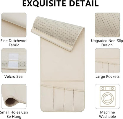 WETRBWEH TV Remote Control Holder Couch Caddy, Non-slip Bedside Caddy Organizer with 5 Pockets for Key Glasses Phone Magazine Holders (Beige, 35"x12.4")