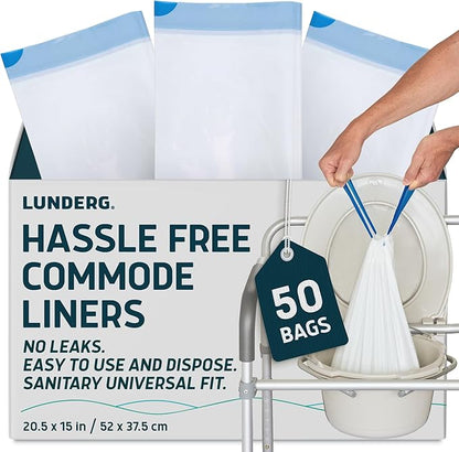 Lunderg Commode Liners - Value Pack 50 Count Universal Fit - Medical Grade Bedside Commode Liners Disposable for Adult Commode Chair, Portable Toilet Bags or Camping Toilet Bags