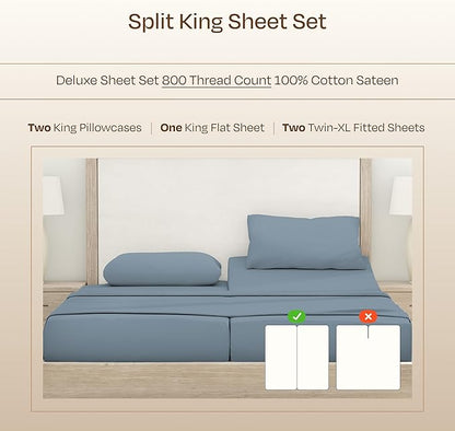 California Design Den Split King Sheets Sets for Adjustable Bed - Buttery Soft 800 Thread Count 100% Cotton Set, Sateen Bedding Set with Durable Twin XL Fitted Sheets - Blue